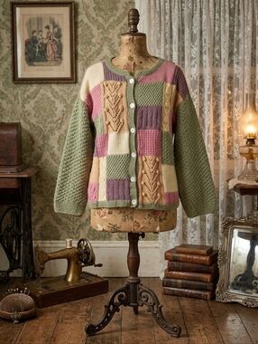 Vintage Handknit Patchwork Cardigan Sweater | Pastel | Handmade